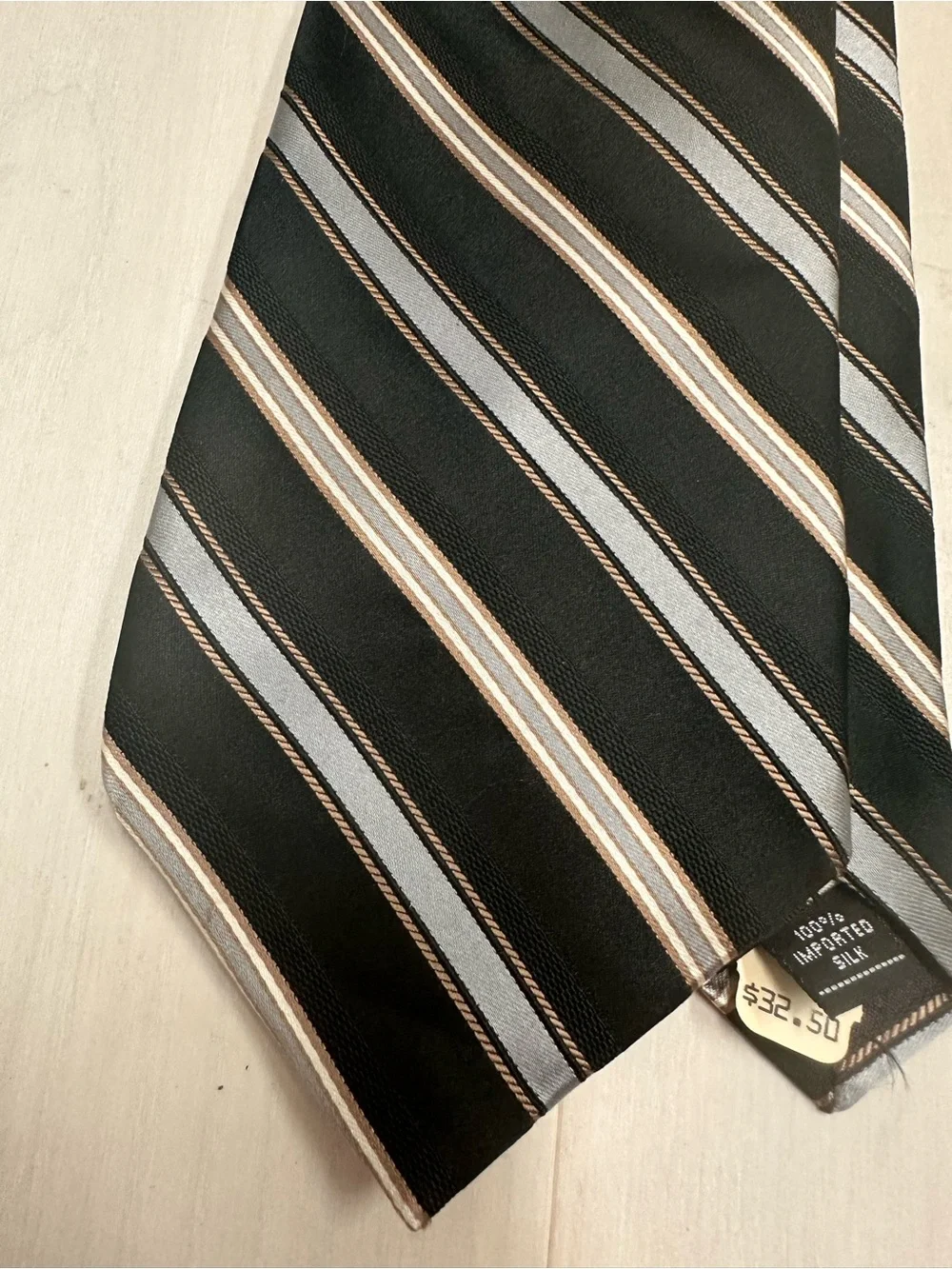 Jones New York Black Silk Tie with Gray and Brown Stripes